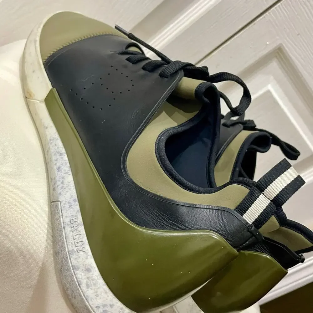 BALLY‎ MEN SHOES NEOPRENE OLIVE GREEN/BLACK LEATHER MADE IN ITALY Sz 13 ICONIC